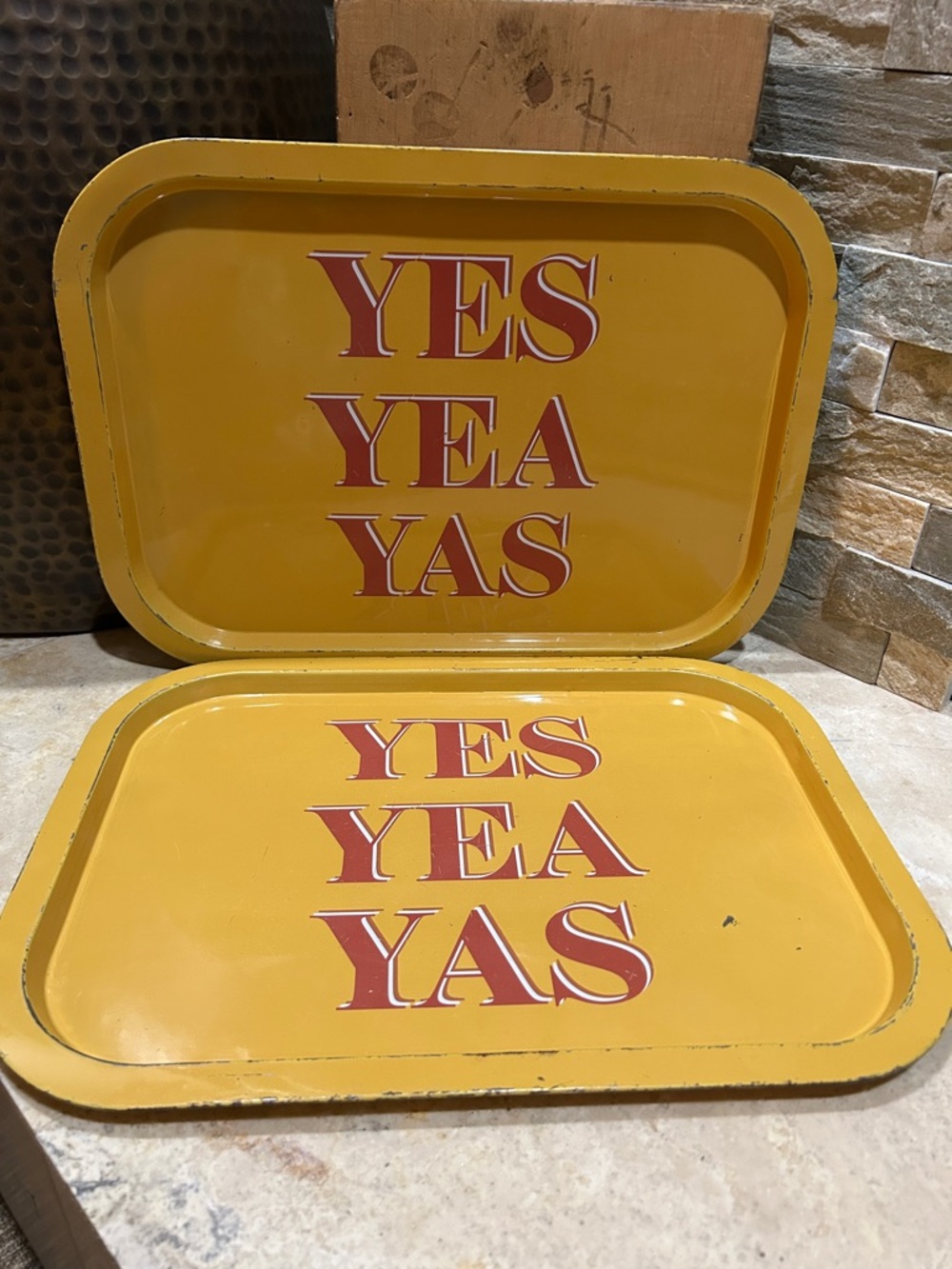 Pair of Vintage Yellow 'YES YEA YAS' Decorative Tin Trays